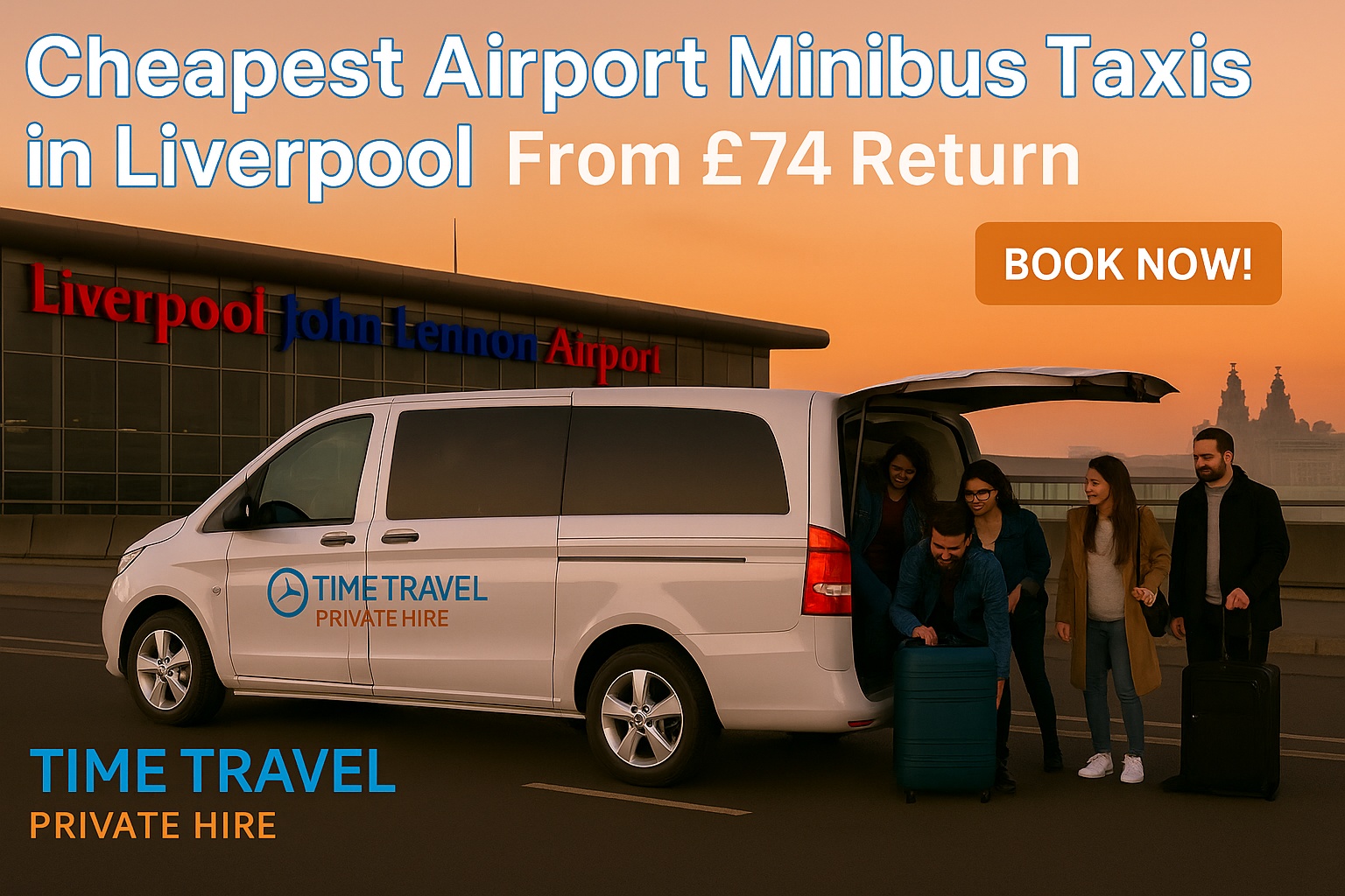 Modern minibus with group at Liverpool John Lennon Airport, offering cheap airport minibus taxis in Liverpool from £74 return