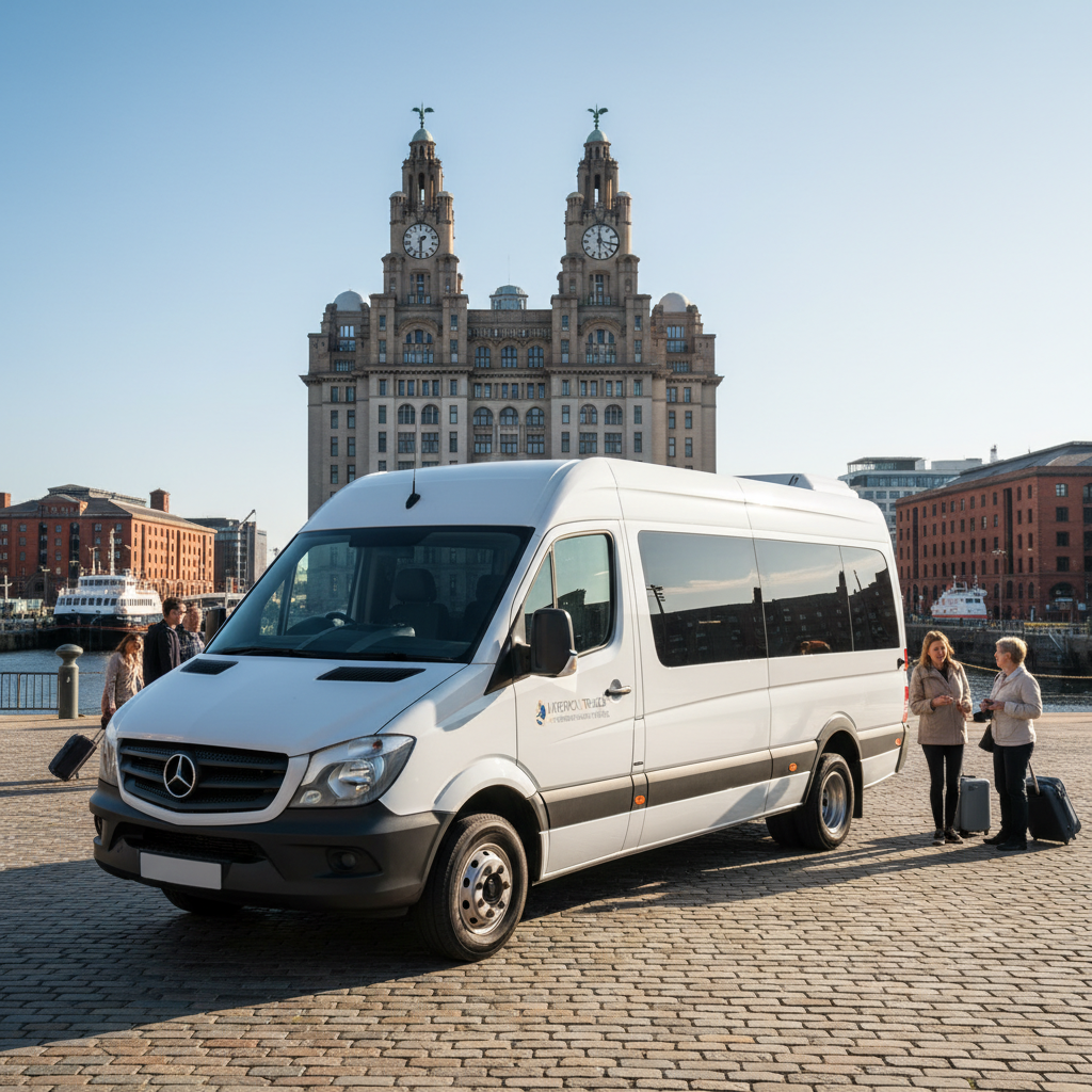 Professional photo of a clean, modern minibus, possibly a white Mercedes Sprinter, parked in front of iconic Liverpool landmarks like the Liver Building or the Royal Albert Dock. The sun is shining, and there are a few subtly blurred people near the minibus, suggesting group travel. The image should convey reliability, comfort, and a professional service, with a focus on tourism and group convenience.