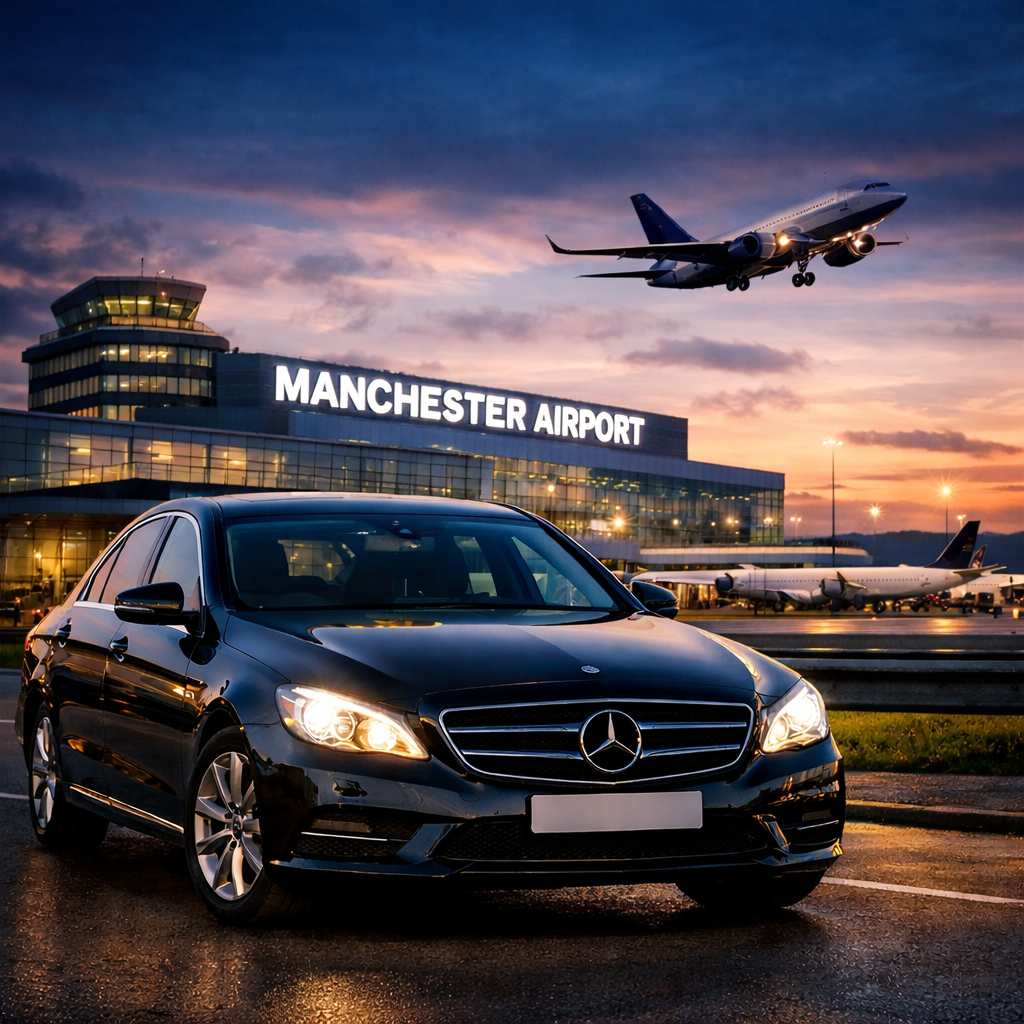 Manchester Airport Taxi Liverpool executive transfer vehicle outside terminal