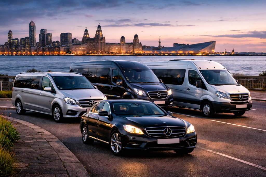 Wirral Airport Taxi fleet including saloon car, MPV, 8 seater Ford Tourneo Custom, 12 and 16 seater minibuses