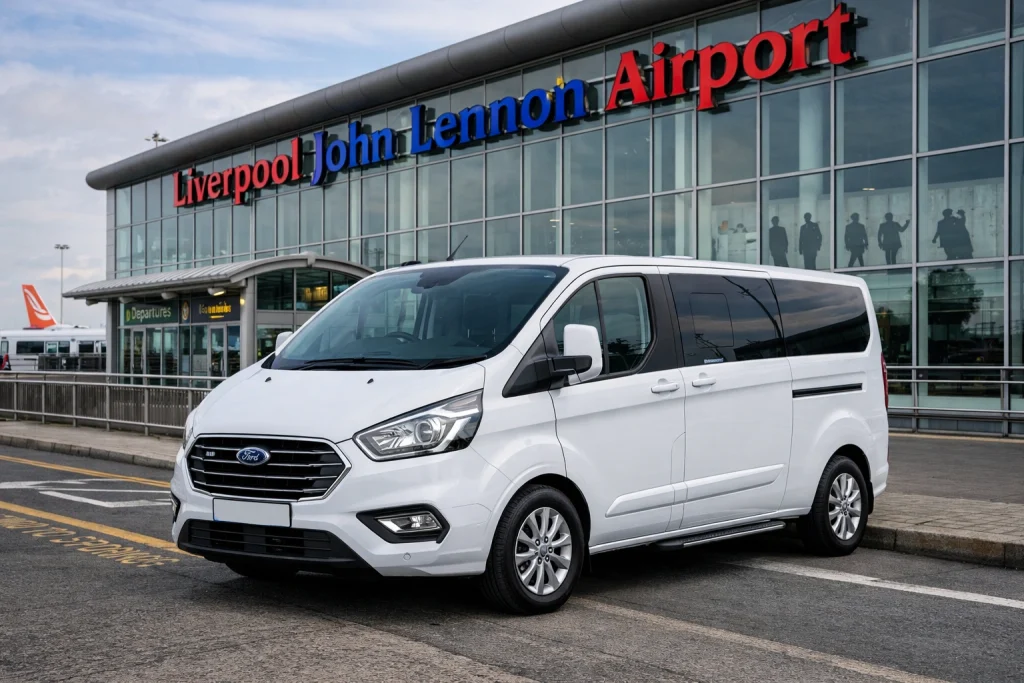 White Ford Custom Titanium Tourneo at Liverpool John Lennon Airport terminal