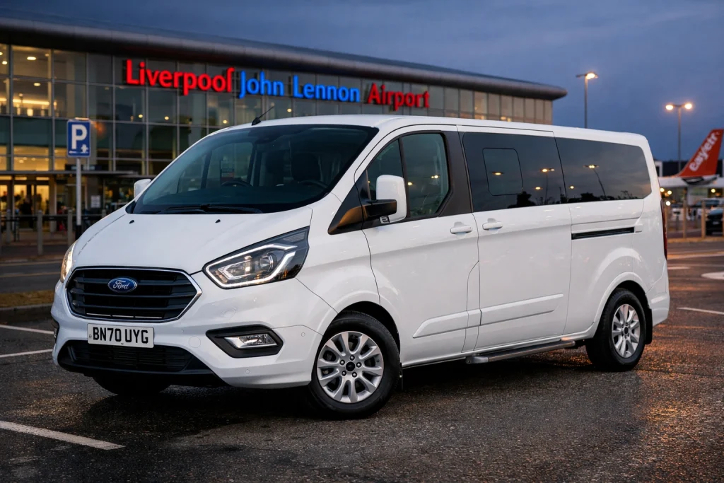 Minibus Hire Liverpool white Ford Custom Titanium Tourneo group transport