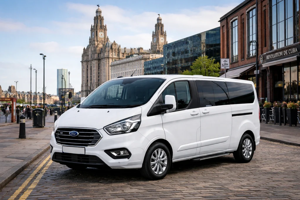 Minibus Hire Liverpool L1 white Ford Custom Titanium Tourneo in Liverpool city centre