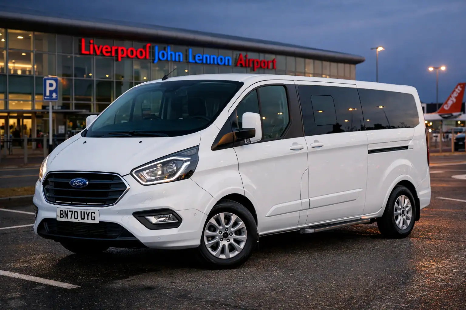 Minibus Hire Liverpool white Ford Custom Titanium Tourneo group transport vehicle
