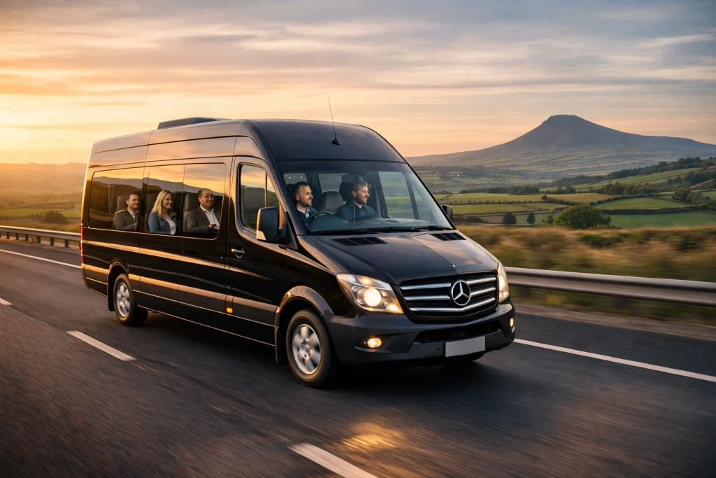Minibus Hire Sefton white Ford Custom Titanium Tourneo group transport in Bootle Crosby Formby Southport