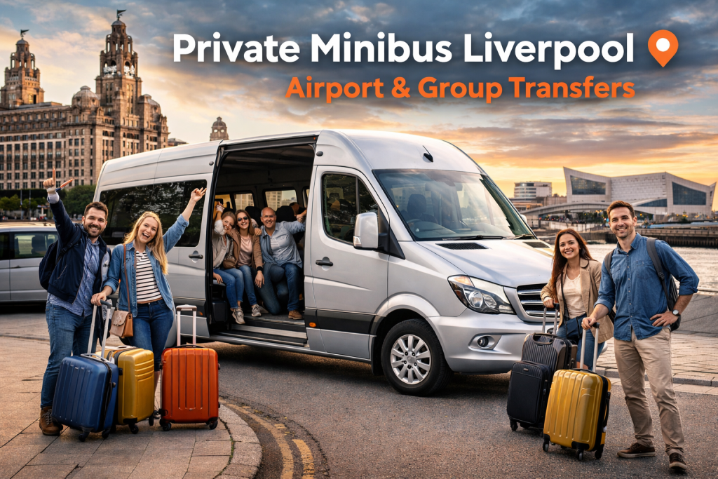 private minibus liverpool group with luggage boarding vehicle at liverpool waterfront