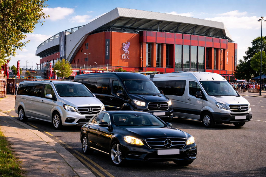 Anfield Airport Taxi fleet with saloon car, MPV and multiple sized minibuses in daytime setting