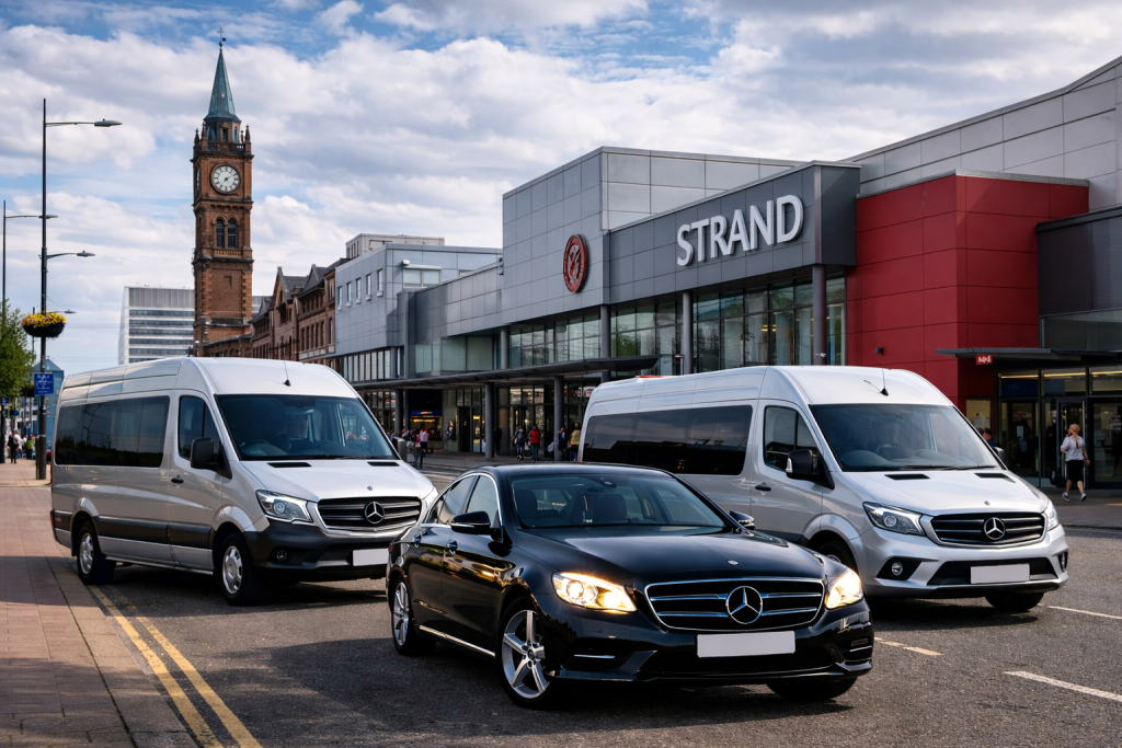 Bootle Airport Transfers fleet with saloon car, MPV and minibuses in daytime setting