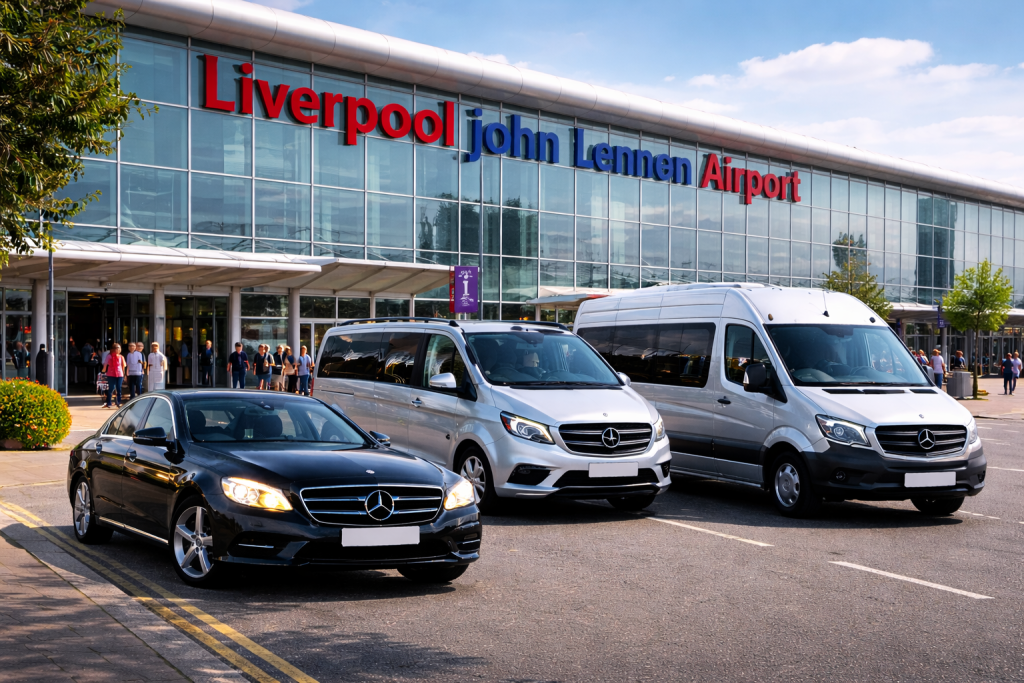Speke Airport Transfers fleet with saloon car, MPV and minibuses outside Liverpool Airport in daytime