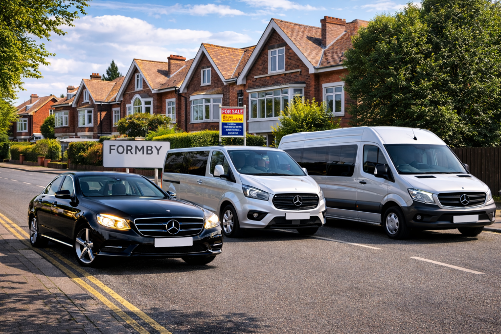 Formby Airport Taxi fleet with saloon car, MPV and multiple sized minibuses in daytime residential setting