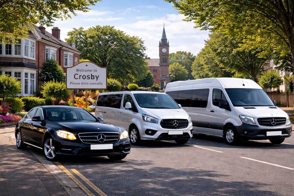 Crosby Airport Transfers fleet with saloon car, MPV and minibuses in daytime coastal setting