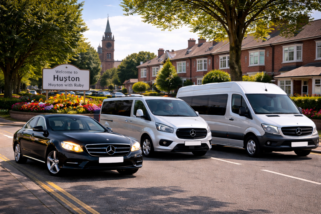 Huyton Airport Taxi fleet with saloon car, MPV and minibuses in daytime residential setting