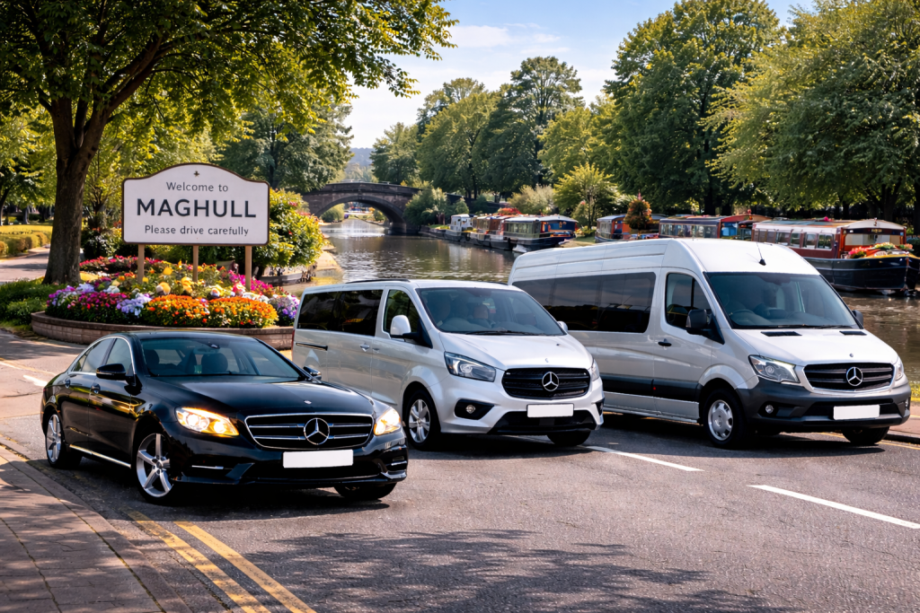 Maghull Airport Transfers vehicles including saloon car, MPV and minibus in daytime canal setting