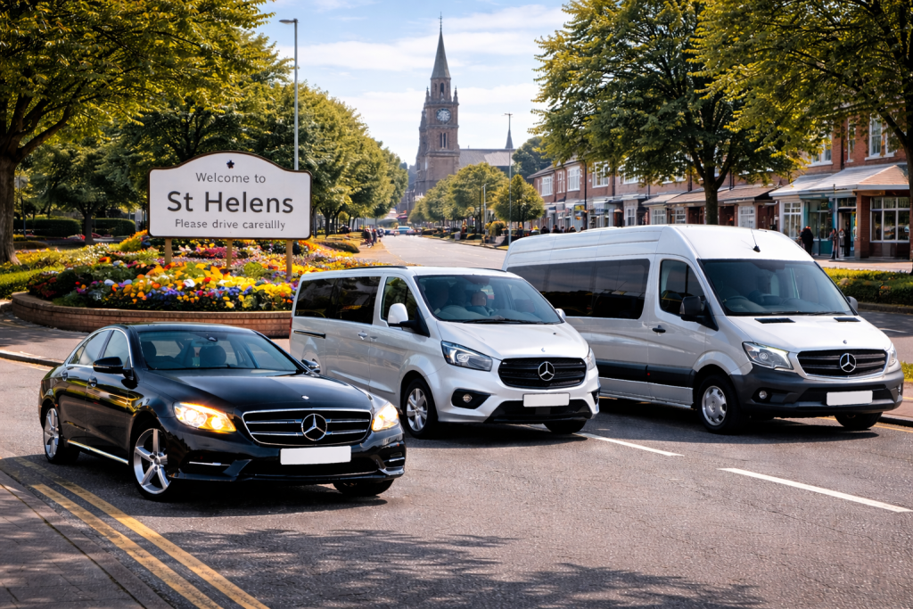 St Helens Airport Taxi vehicles including saloon car, MPV and minibus in daytime town centre setting