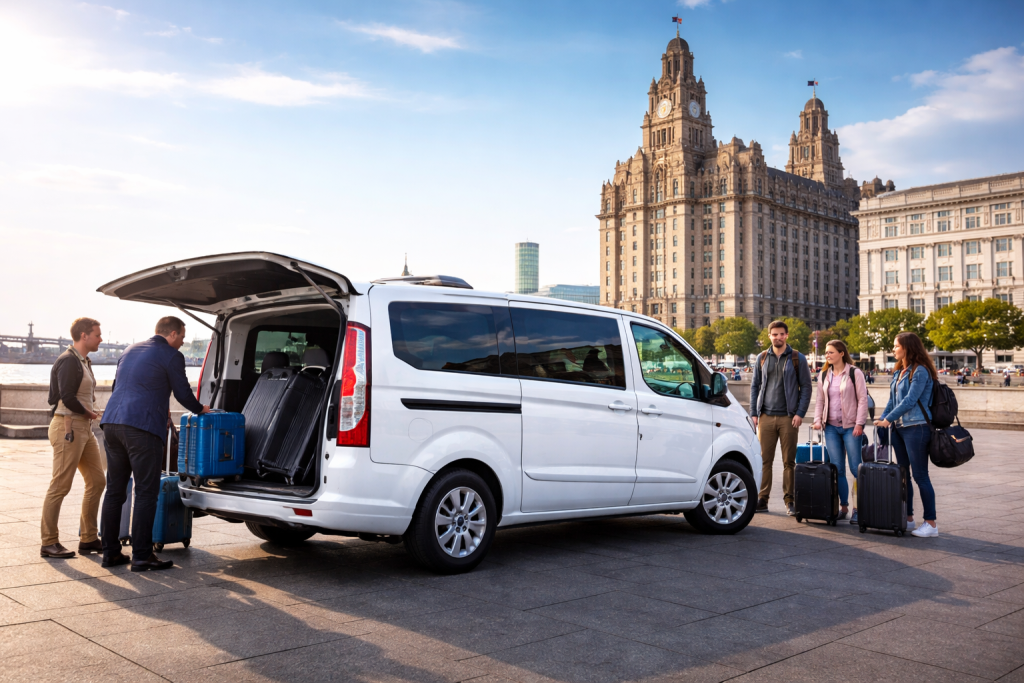 Group Transport Liverpool white minibus providing group travel across Liverpool and Merseyside