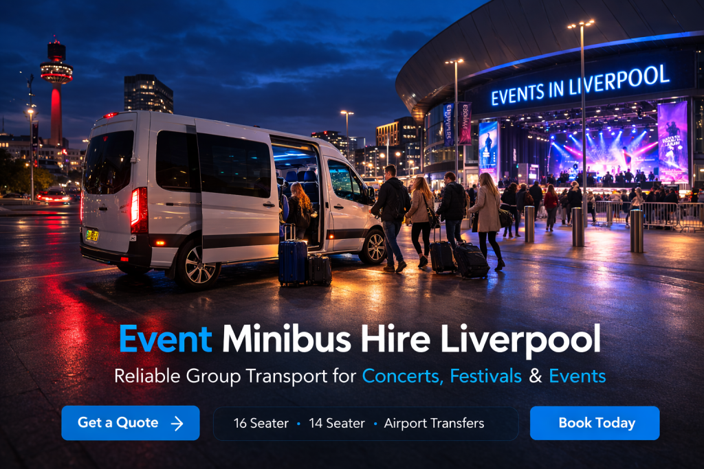 Event Minibus Hire Liverpool white minibus transporting passengers to concerts festivals and events in Liverpool