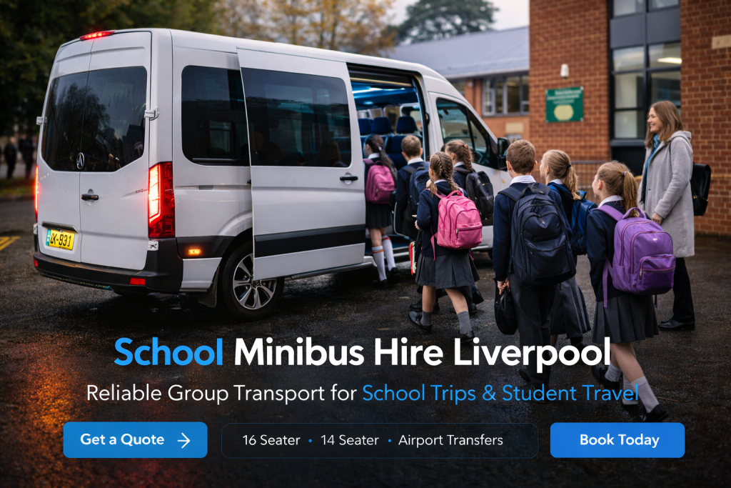 School Minibus Hire Liverpool white minibus collecting students for school trips and educational travel