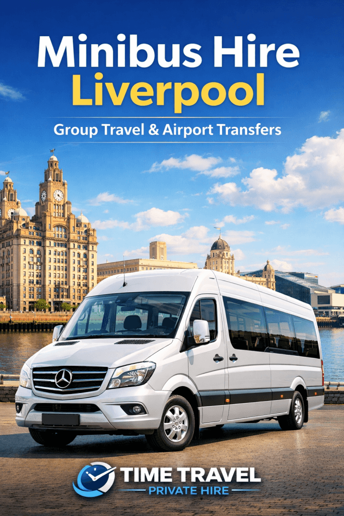 Minibus Hire Liverpool service by Time Travel Private Hire with modern minibus and Liverpool skyline