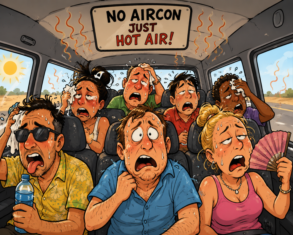 A humorous cartoon showing a crowded minibus full of passengers sweating heavily in extreme heat because there is no air conditioning. Several people fan themselves or wipe sweat from their faces while a sign overhead reads, 'No Aircon, Just Hot Air!