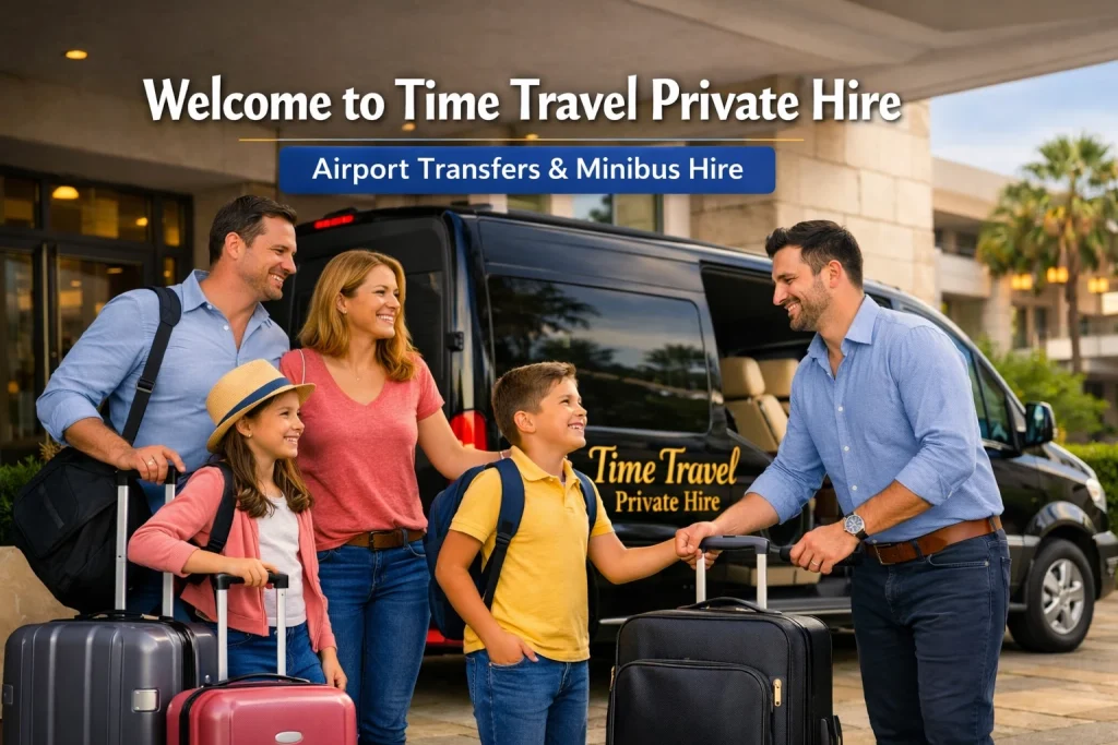 A professional driver assists passengers beside a modern black Mercedes‑Benz minibus branded ‘Time Travel Private Hire,’ with a family and business travellers preparing for their journey outside a hotel.