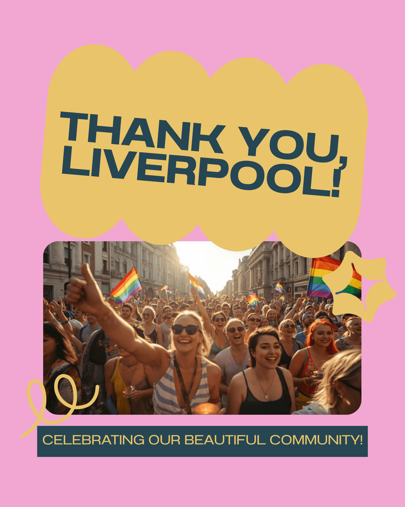Liverpool Pride 2026 celebration crowd with rainbow flags