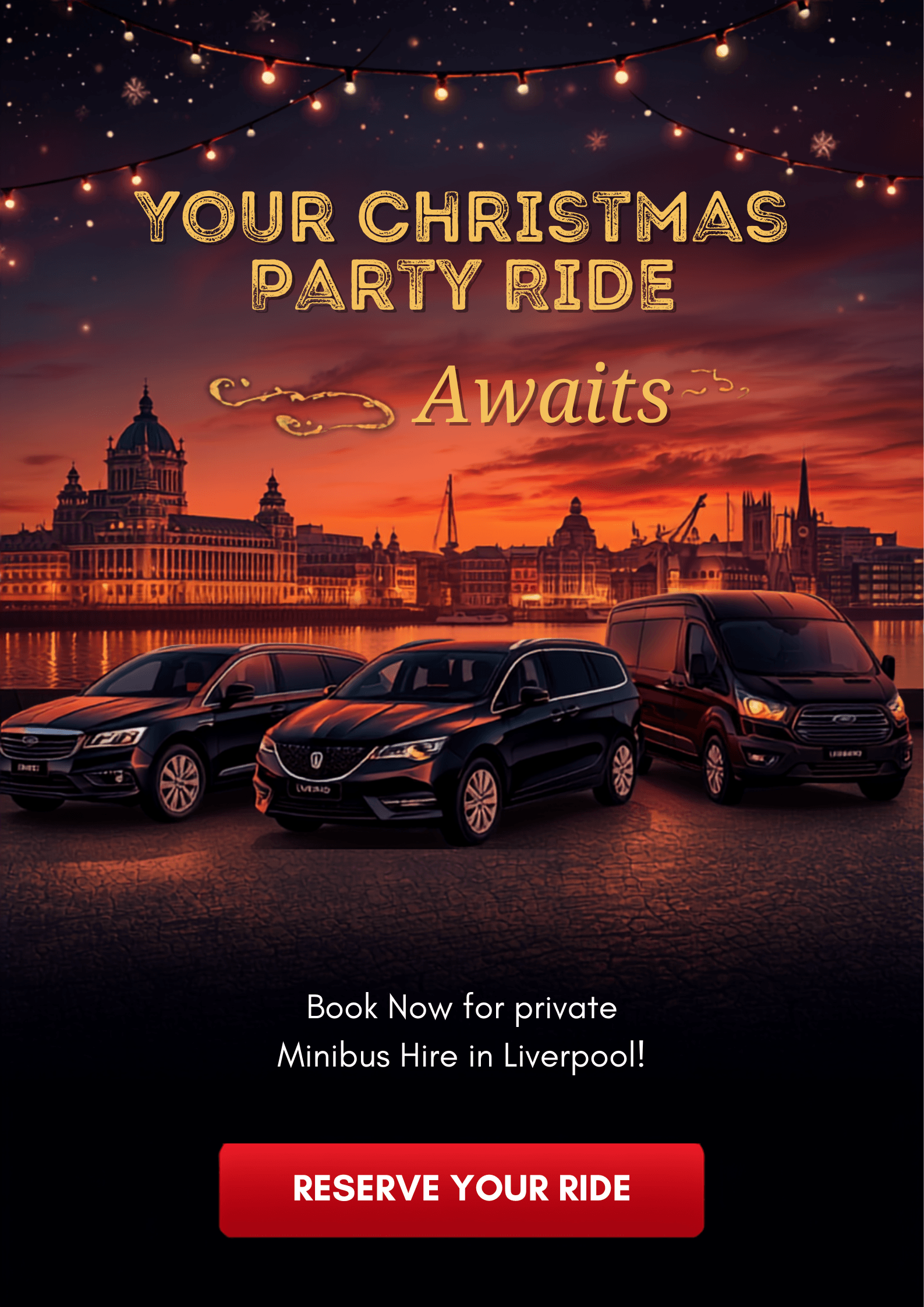 Saloon, estate, and Ford Tourneo Custom minibus lined up in front of the Liverpool waterfront at Christmas