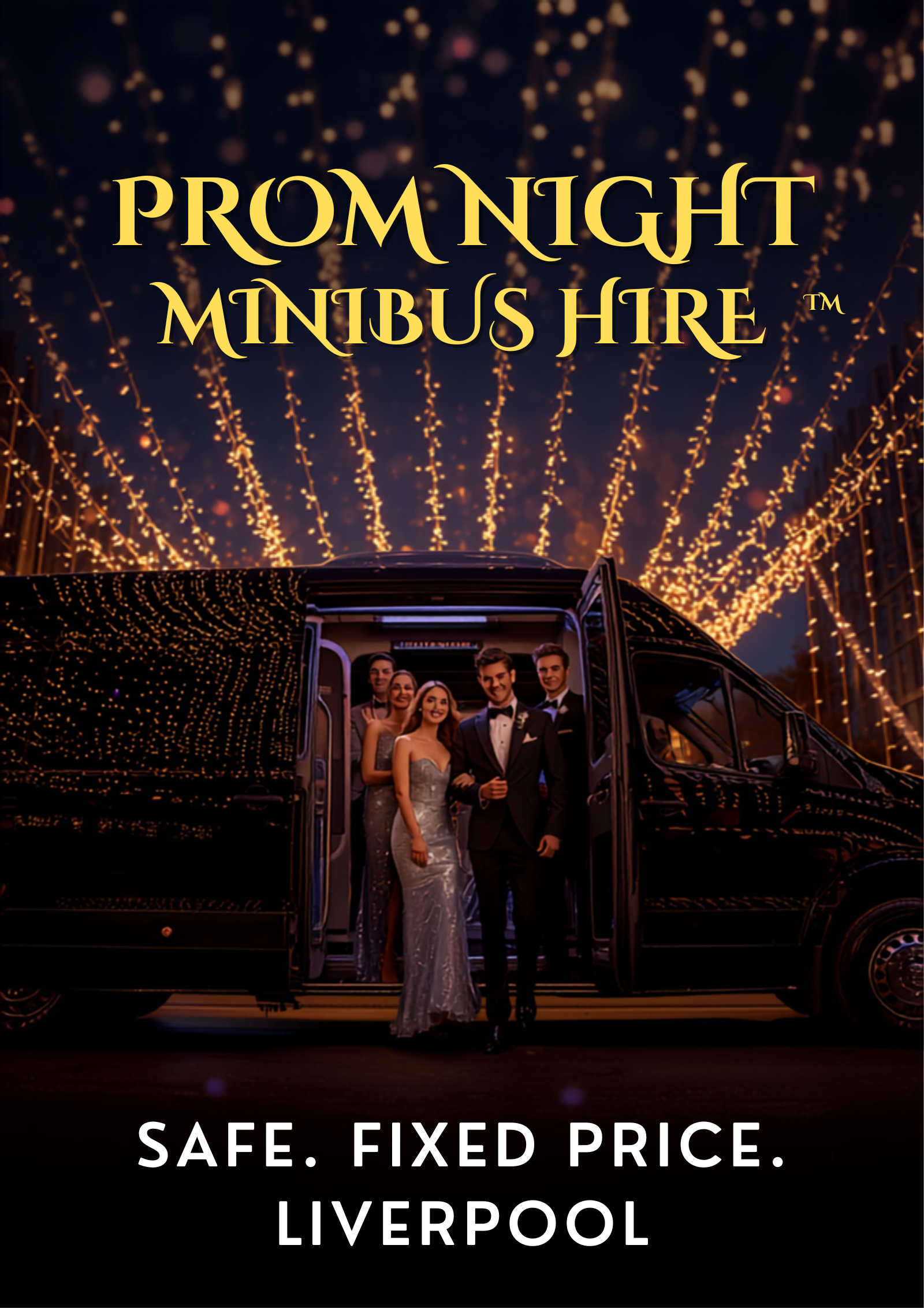 Prom night minibus hire in Liverpool - teenagers dressed for prom