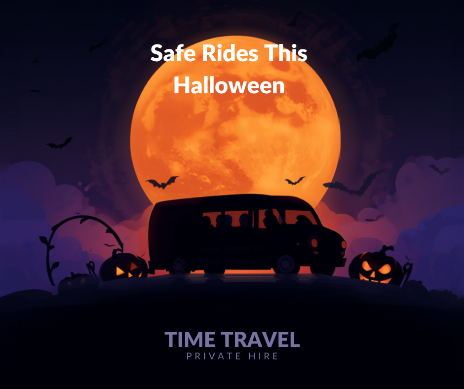 Minibus driving under a full moon on Halloween night with pumpkins and bats, promoting safe Halloween transfers with Time Travel Private Hire