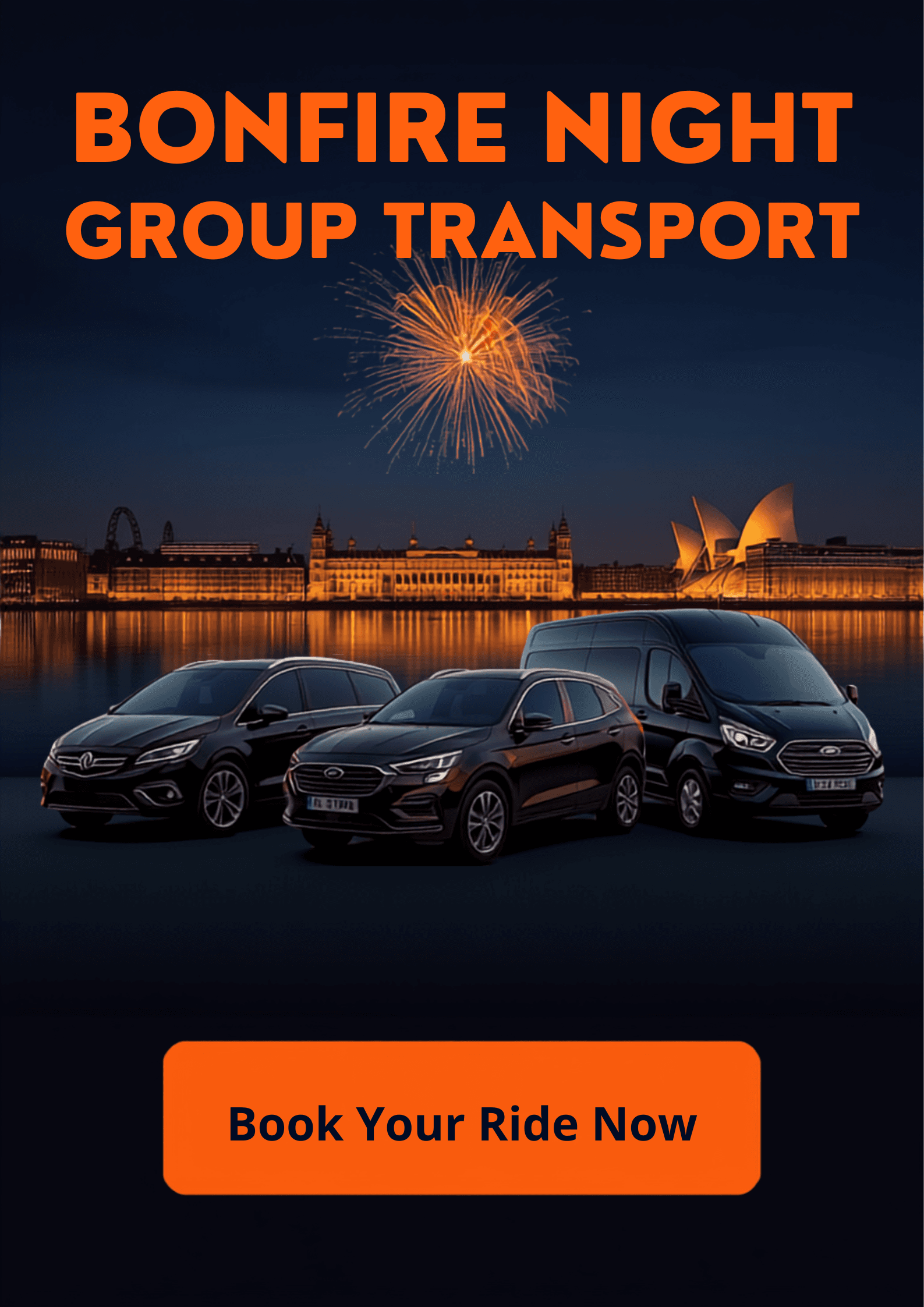 Bonfire Night minibus hire Liverpool - saloon, estate and Ford Tourneo Custom minibus on the Liverpool waterfront with fireworks overhead