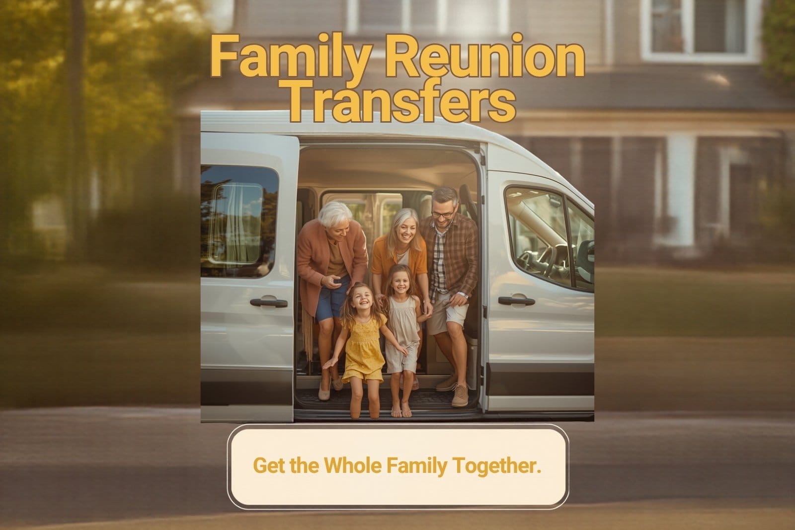 A multi-generation family boarding a white minibus for a family reunion trip