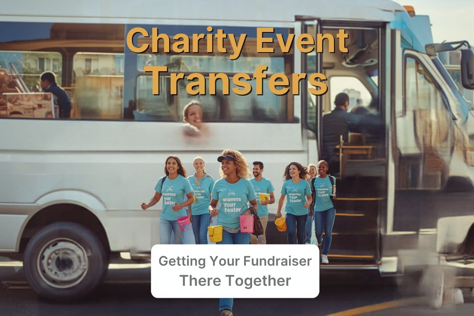 Charity volunteers with collection buckets boarding a white minibus for a fundraiser event