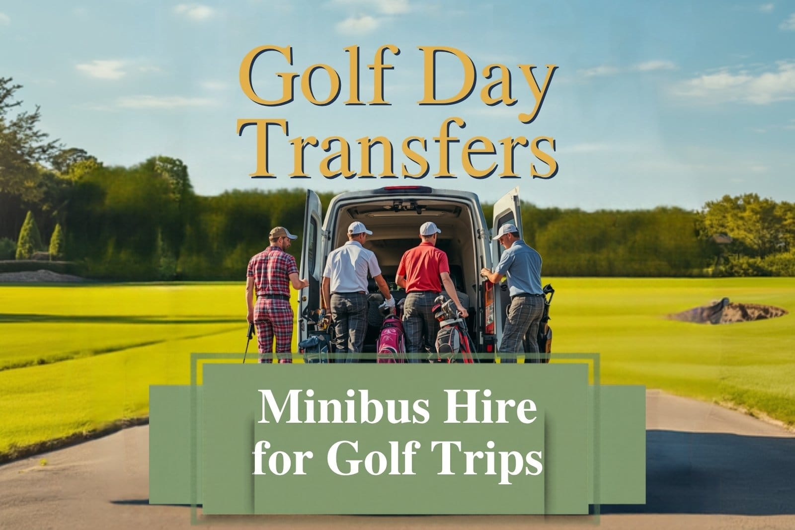 Golfers loading golf clubs and bags into a white minibus beside a golf course fairway