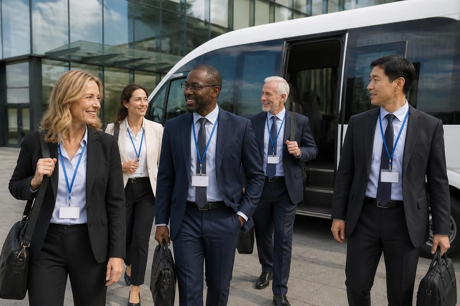 Business delegates leaving a white minibus for ACC Liverpool transfers